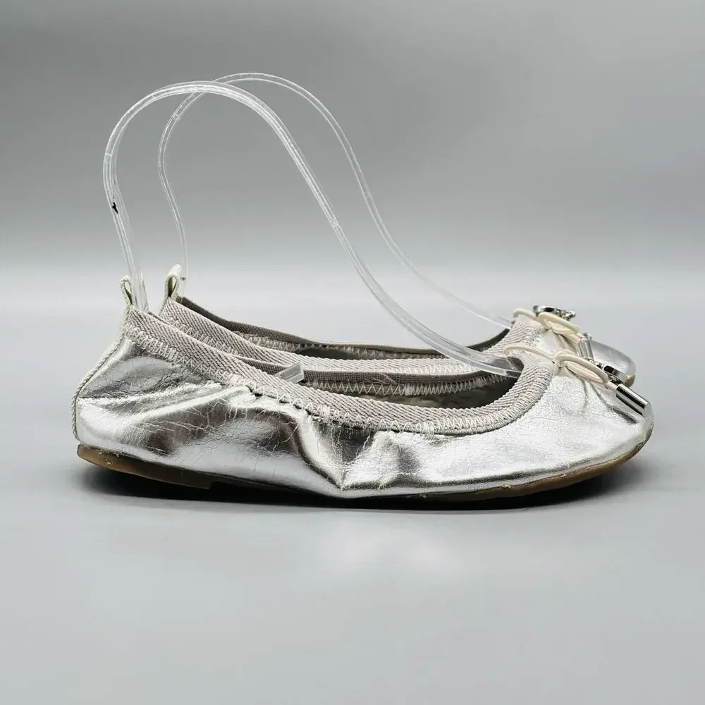 Sam Edelman Shoes Kids Girls 13 Silver Metallic Farren Ballet Flats Bow Slip On